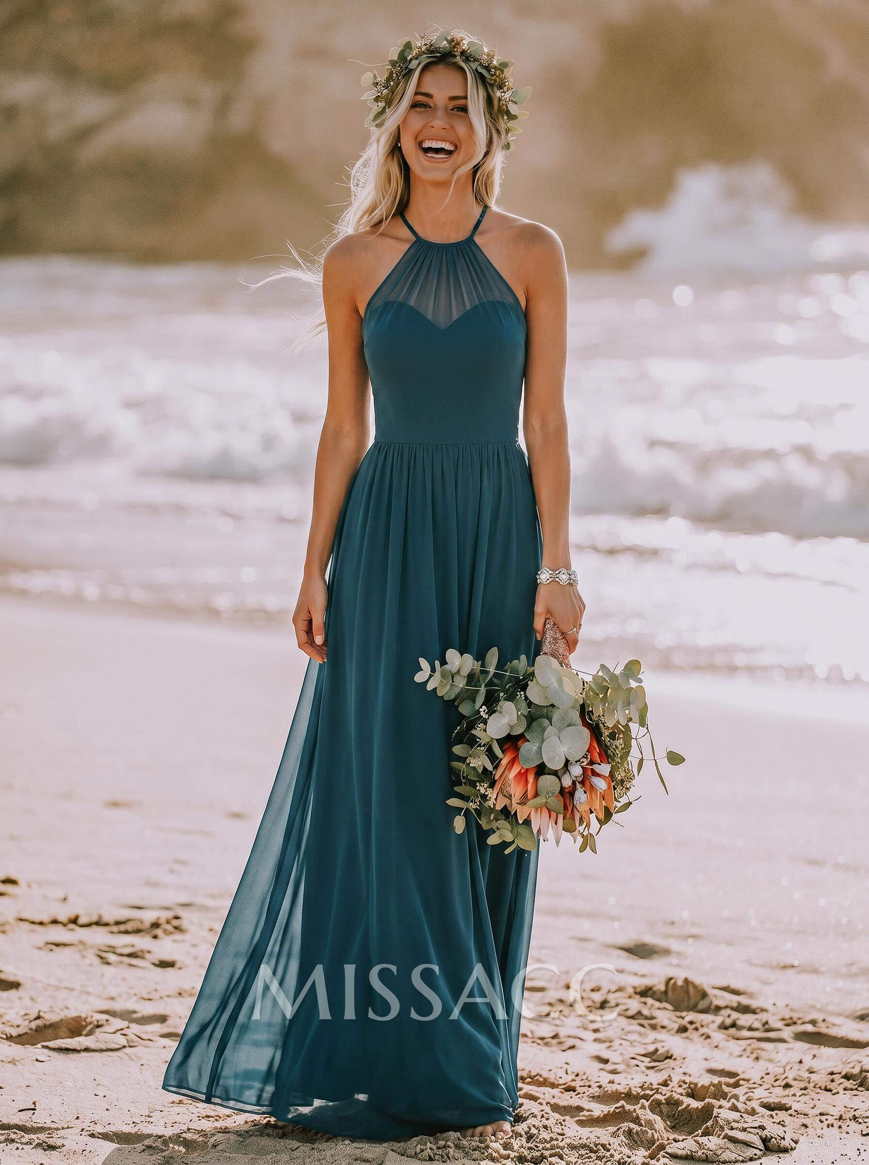 A-Line Halter Sleeveless Chiffon(Non-Stretch) Bridesmaid Dresses