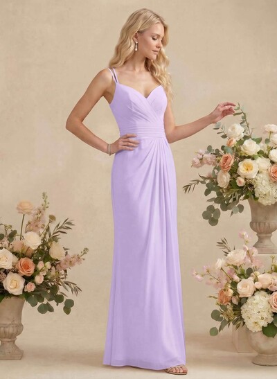 Fitted Column V-Neck Sleeveless Chiffon Bridesmaid Dresses (Non-Stretch)