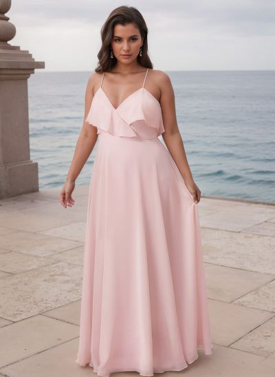 A-Line V-Neck Sleeveless Chiffon(Non-Stretch) Bridesmaid Dresses With Ruffle