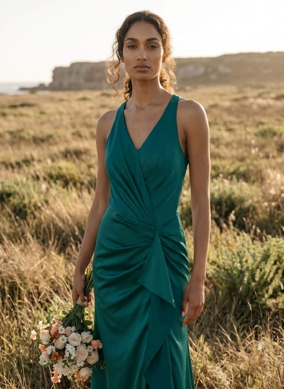 Sheath/Column Silk Like Satin(Non-Stretch) Bridesmaid Dresses With High Split