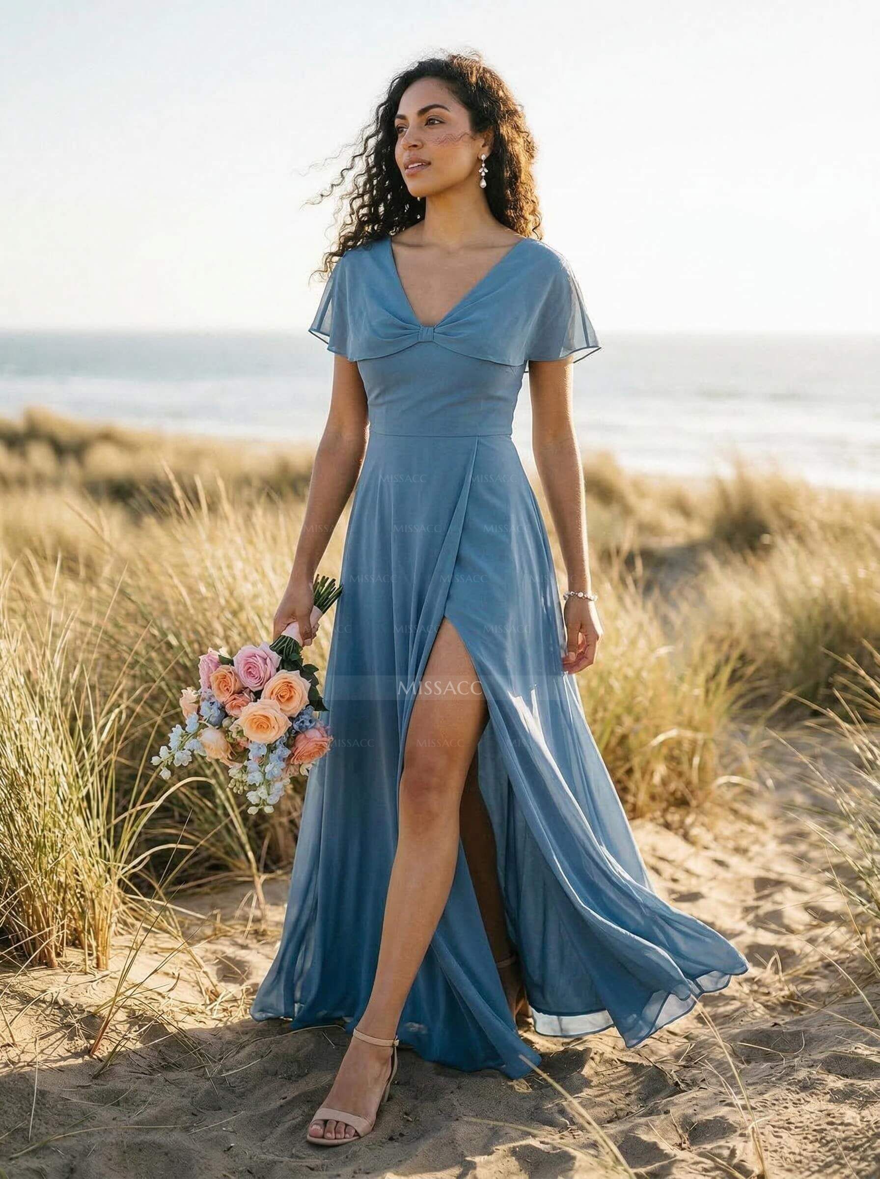 Sheath/Column V-Neck Chiffon(Non-Stretch) Bridesmaid Dresses With High Split