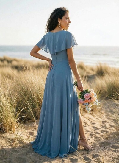 Sheath/Column V-Neck Chiffon(Non-Stretch) Bridesmaid Dresses With High Split