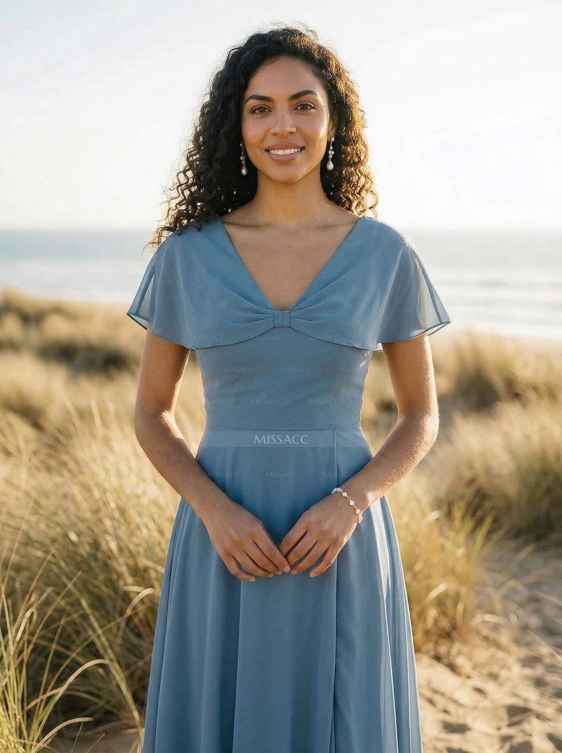 Sheath/Column V-Neck Chiffon(Non-Stretch) Bridesmaid Dresses With High Split