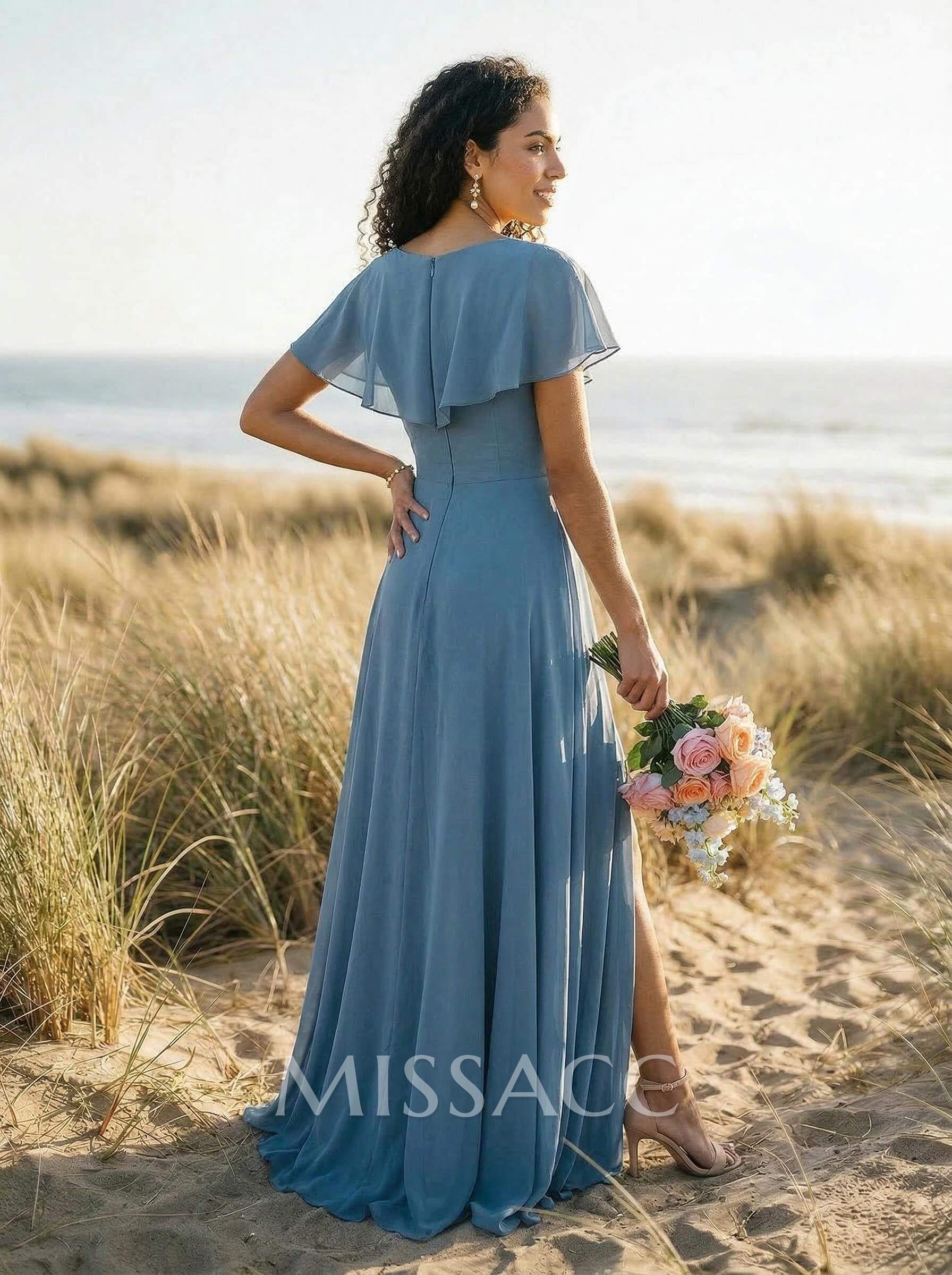 Sheath/Column V-Neck Chiffon(Non-Stretch) Bridesmaid Dresses With High Split Sheath/Column V-Neck Chiffon(Non-Stretch) Bridesmaid Dresses With High Split
