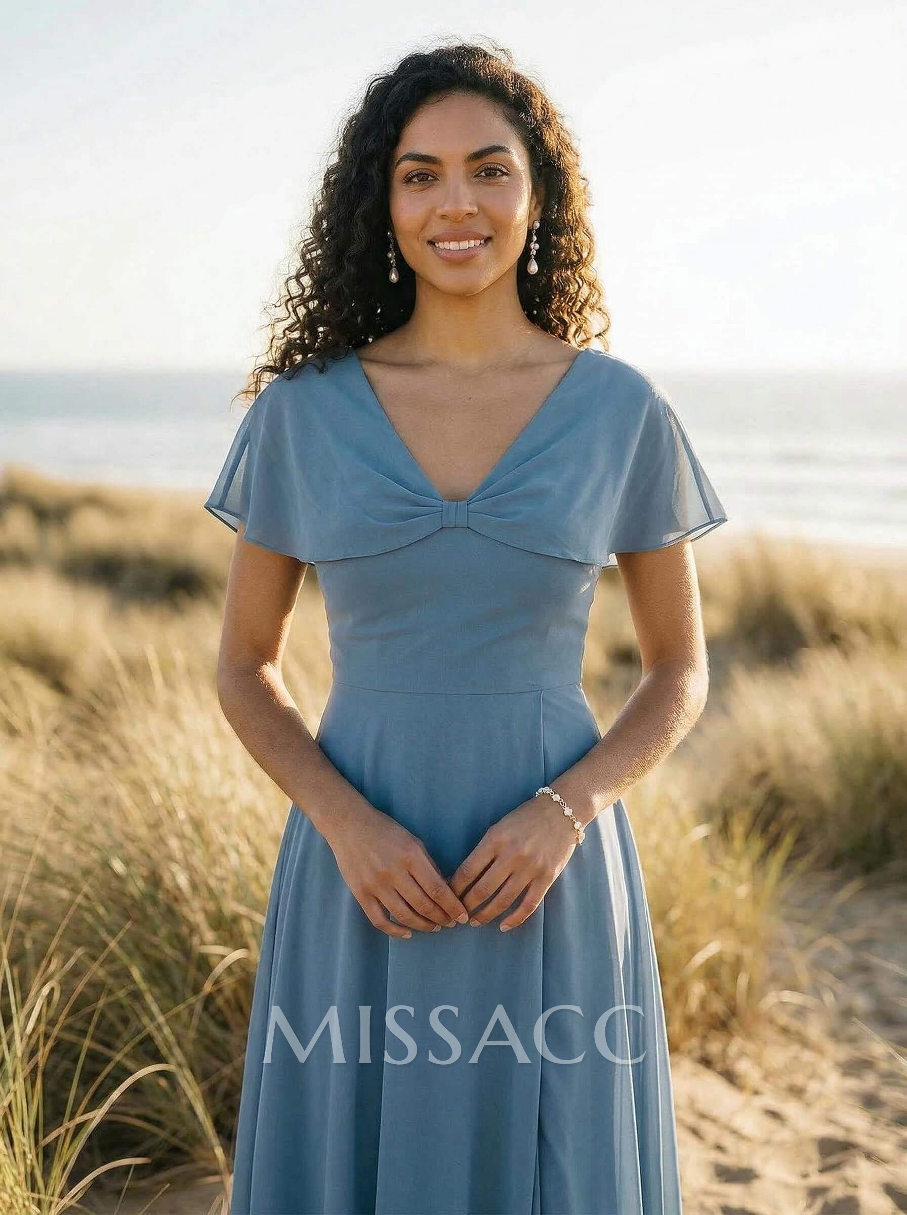 Sheath/Column V-Neck Chiffon(Non-Stretch) Bridesmaid Dresses With High Split Sheath/Column V-Neck Chiffon(Non-Stretch) Bridesmaid Dresses With High Split