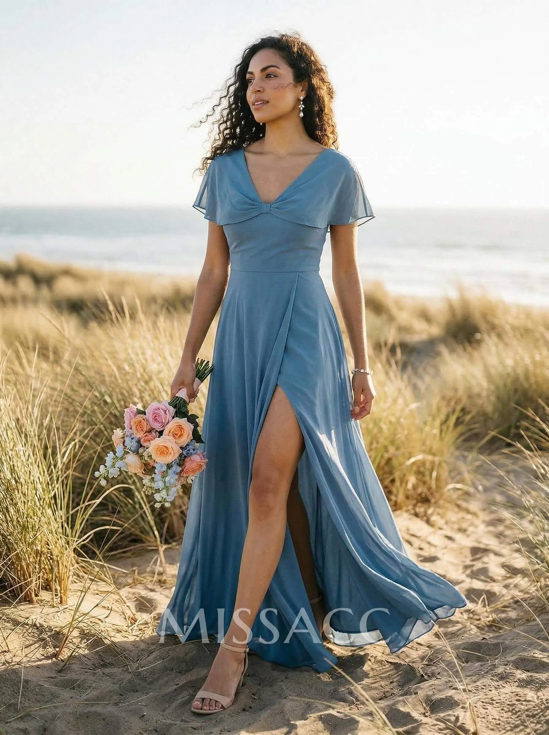 Missacc Burnt Orange Bridesmaid Sheath/Column V-Neck Chiffon(Non-Stretch) Bridesmaid Dresses With High Split