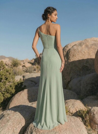 Sheath/Column Chiffon(Non-Stretch) Bridesmaid Dresses With High Split