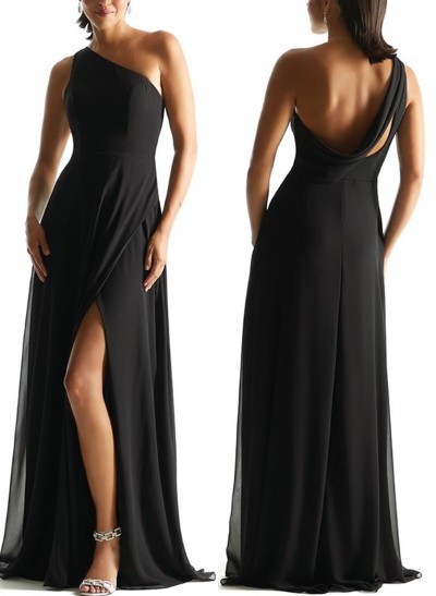 A-Line One-Shoulder Chiffon(Non-Stretch) Bridesmaid Dresses With High Split