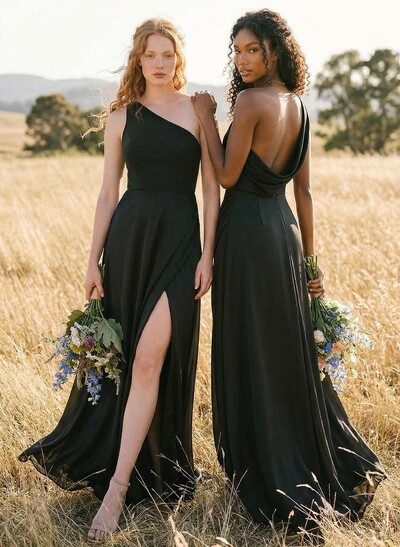 A-Line One-Shoulder Chiffon(Non-Stretch) Bridesmaid Dresses With High Split