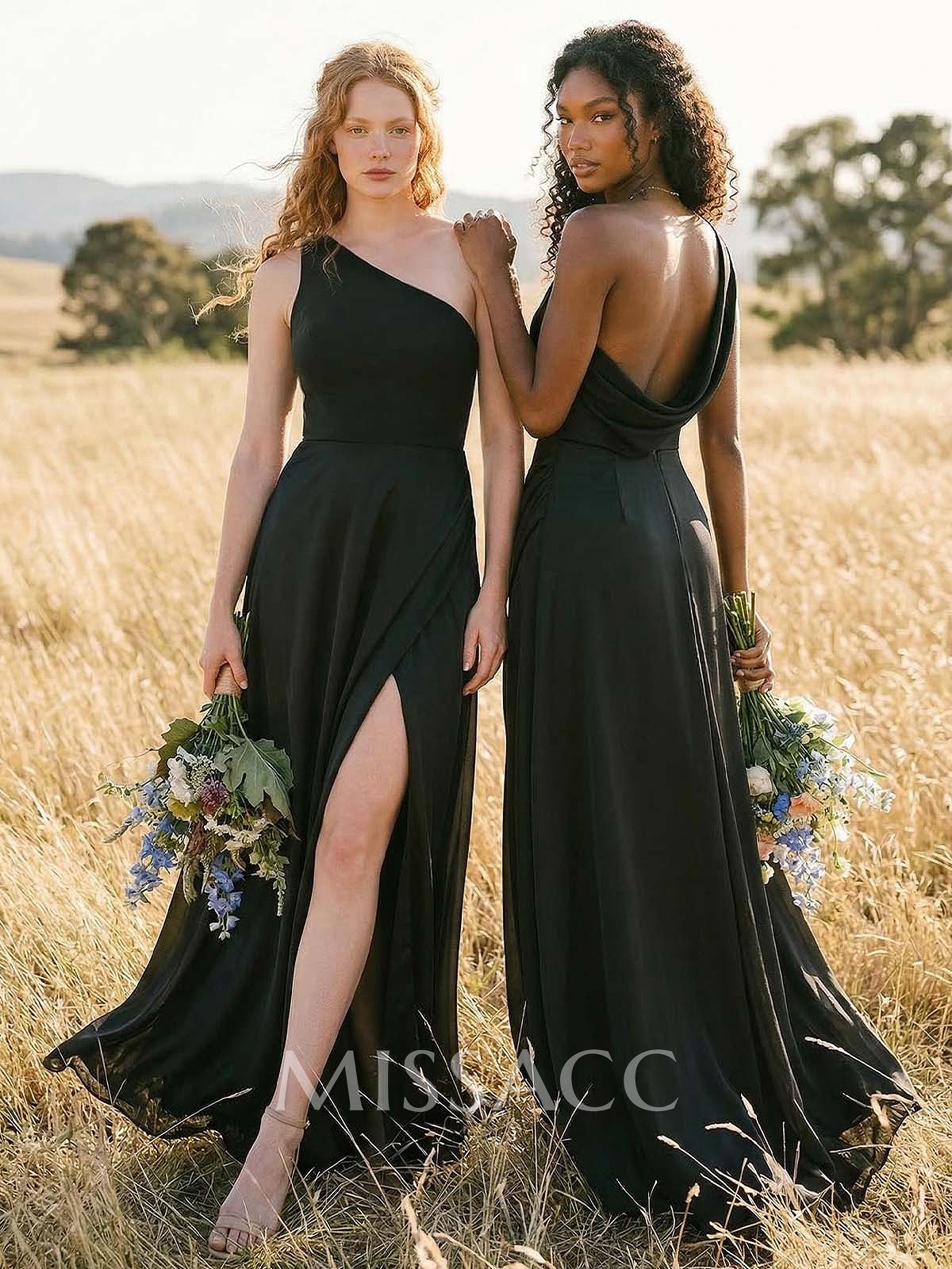 A-Line One-Shoulder Chiffon(Non-Stretch) Bridesmaid Dresses With High Split