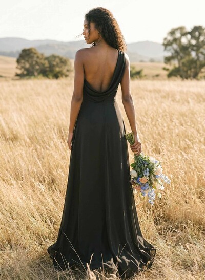 A-Line One-Shoulder Chiffon(Non-Stretch) Bridesmaid Dresses With High Split
