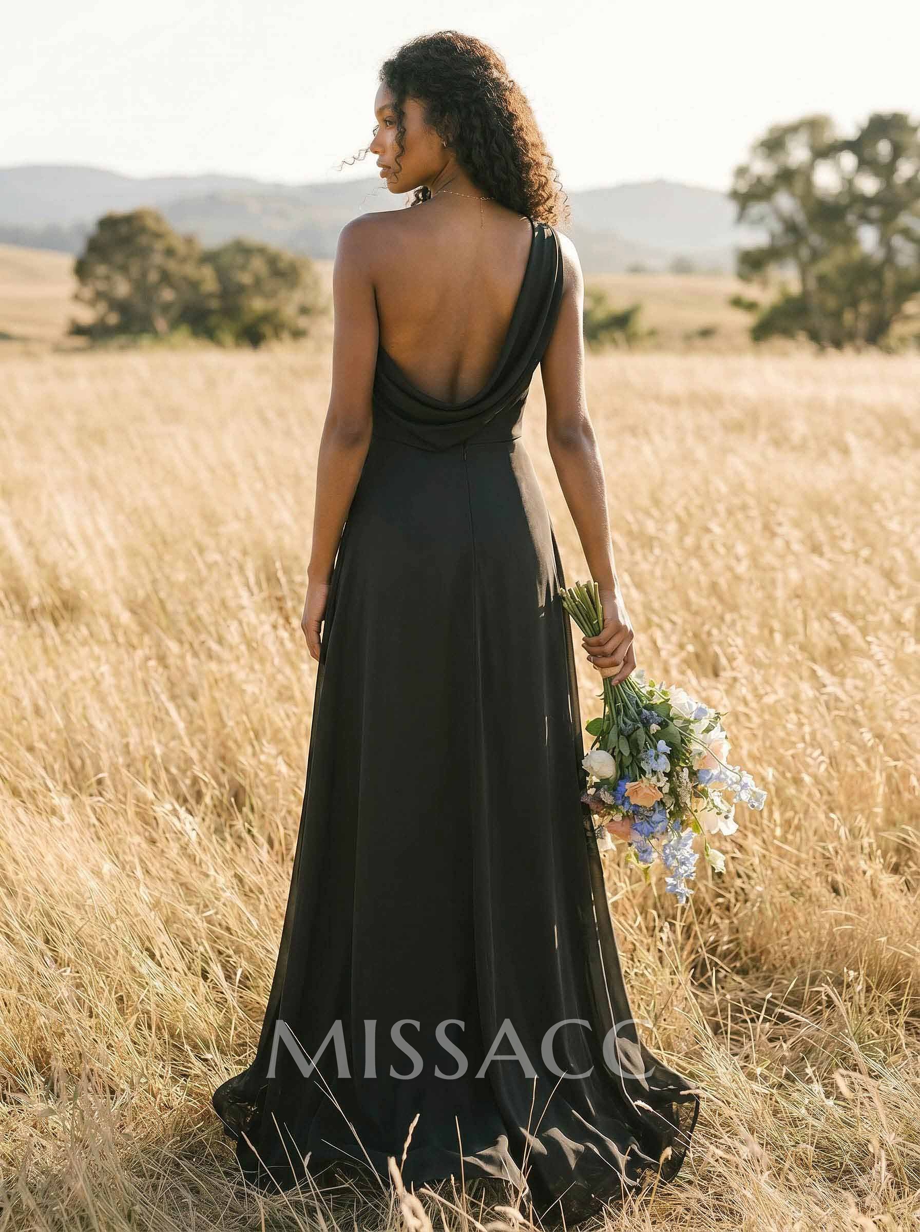 A-Line One-Shoulder Chiffon(Non-Stretch) Bridesmaid Dresses With High Split