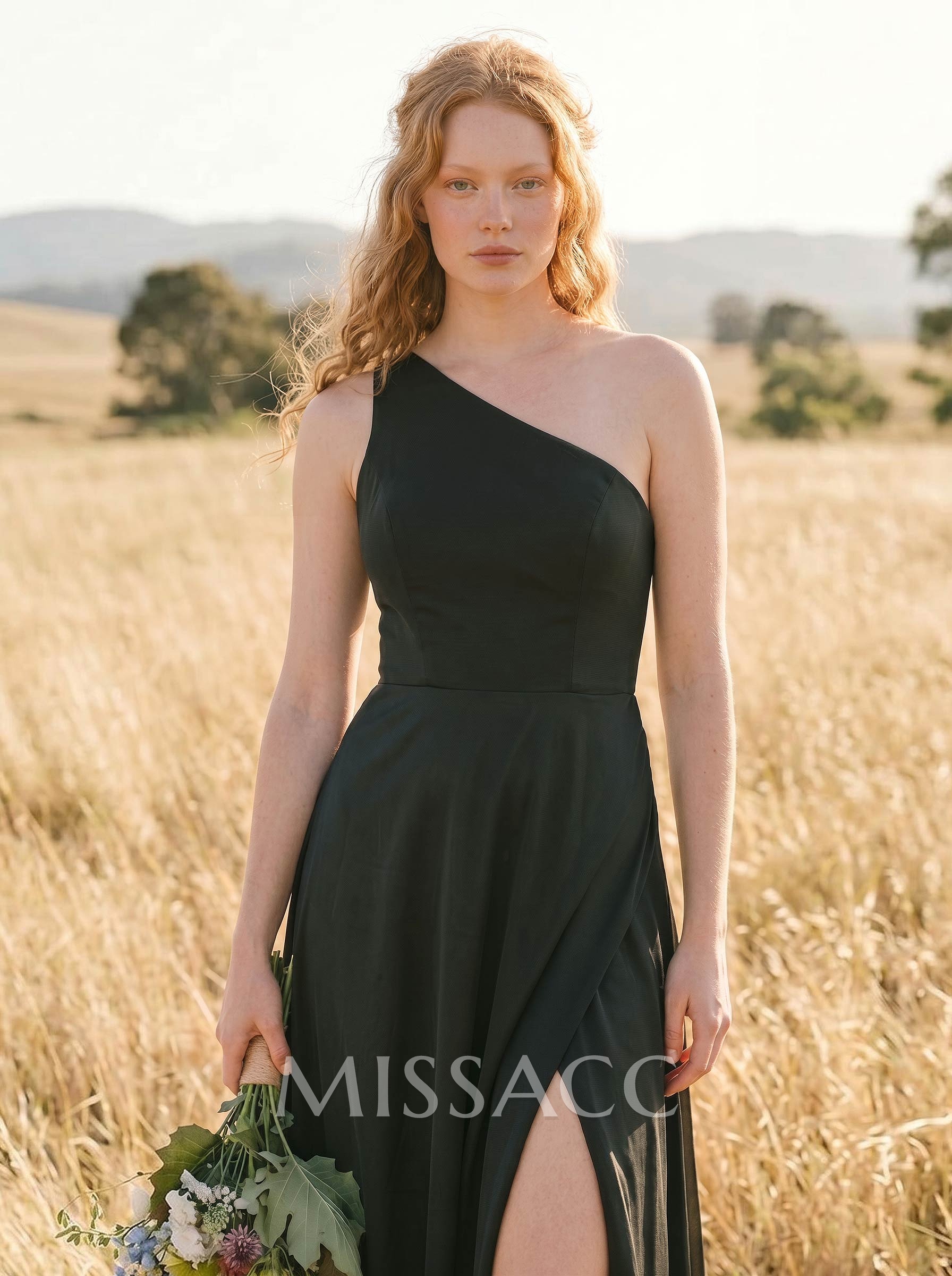A-Line One-Shoulder Chiffon(Non-Stretch) Bridesmaid Dresses With High Split