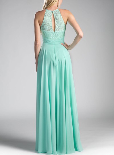 A-Line Halter Chiffon(Non-Stretch) BRIDESMAID With Appliques Lace