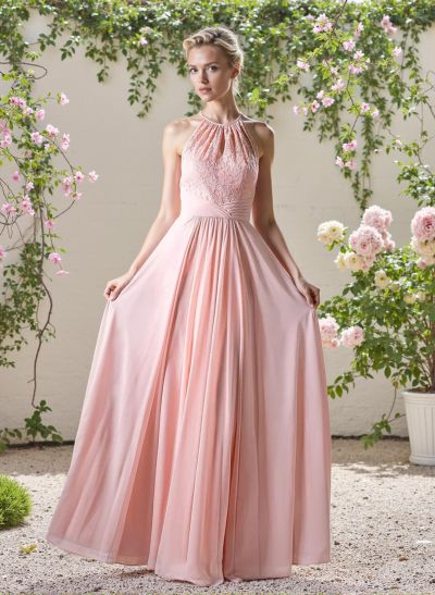 A-Line Halter Chiffon(Non-Stretch) BRIDESMAID With Appliques Lace