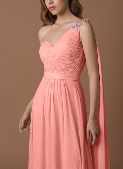 A-Line One-Shoulder Sleeveless Chiffon(Non-Stretch) BRIDESMAID