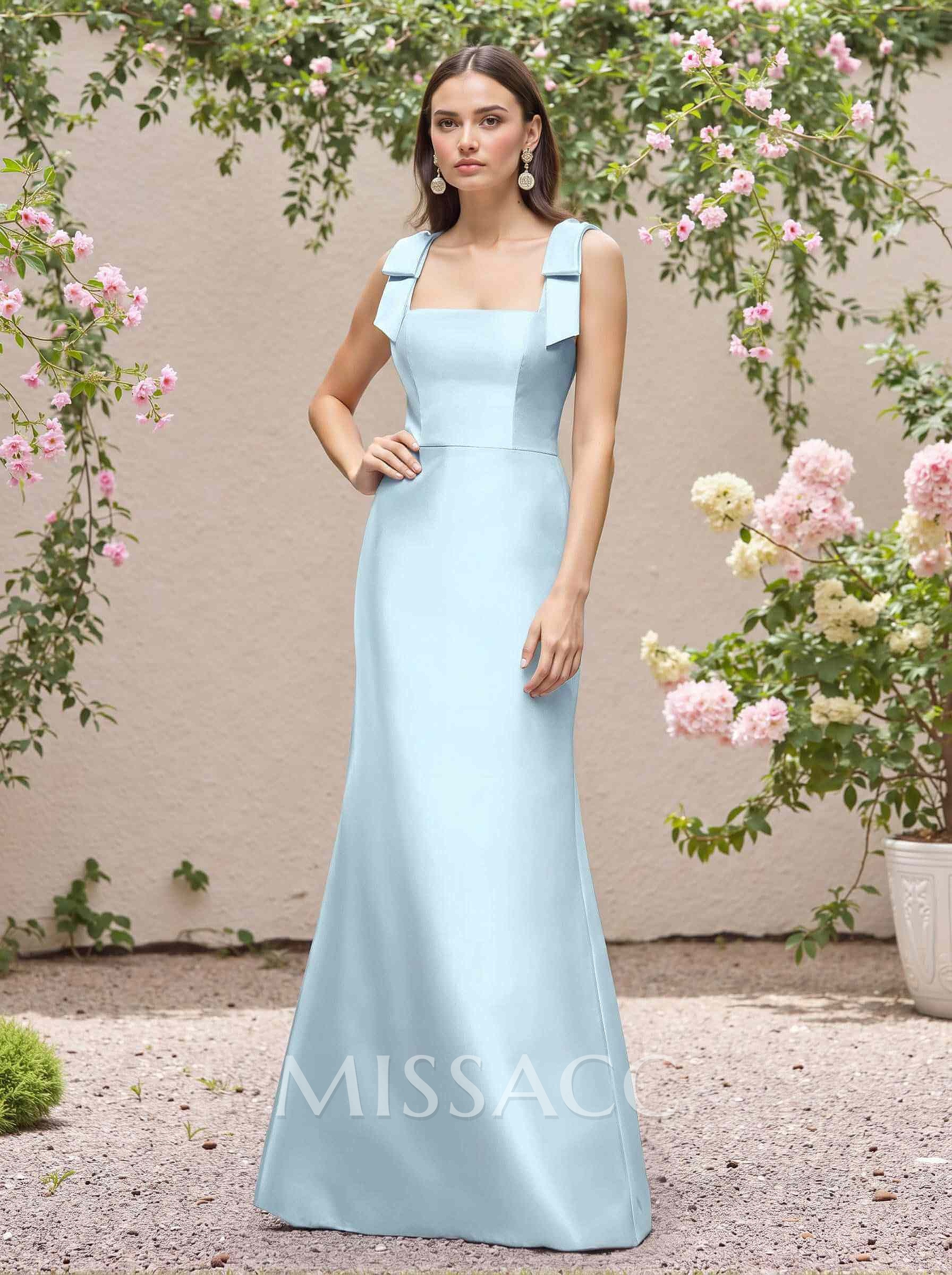 Trumpet/Mermaid Square Neckline Satin Bridesmaid Dresses With Bow(s) Trumpet/Mermaid Square Neckline Satin Bridesmaid Dresses With Bow(s)