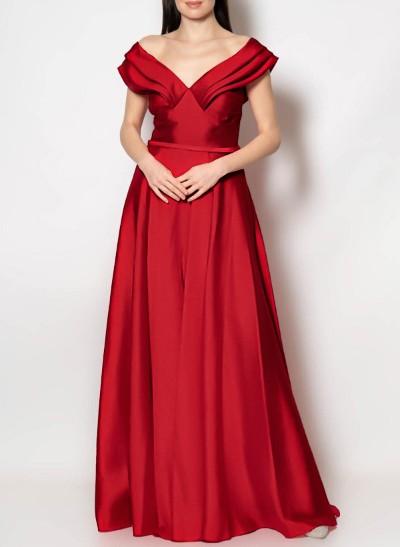 A-Line Off-The-Shoulder Sleeveless Floor-Length Satin Bridesmaid Dresses