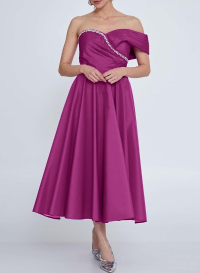 A-Line Off-The-Shoulder Sleeveless Satin Bridesmaid Dresses With Rhinestone