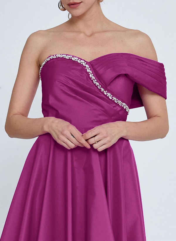 A-Line Off-The-Shoulder Sleeveless Satin Bridesmaid Dresses With Rhinestone