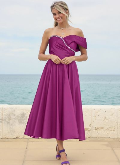 A-Line Off-The-Shoulder Sleeveless Satin Bridesmaid Dresses With Rhinestone