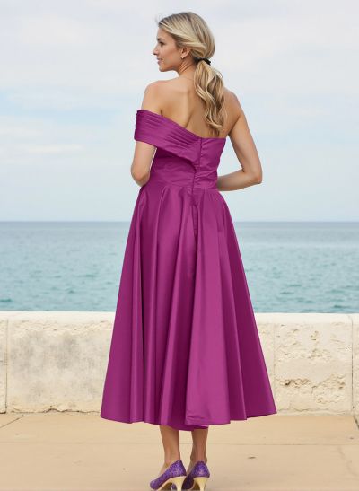 A-Line Off-The-Shoulder Sleeveless Satin Bridesmaid Dresses With Rhinestone