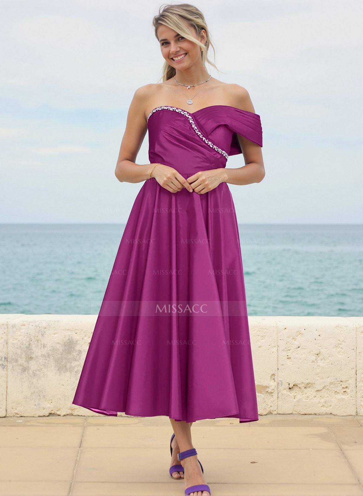 A-Line Off-The-Shoulder Sleeveless Satin Bridesmaid Dresses With Rhinestone