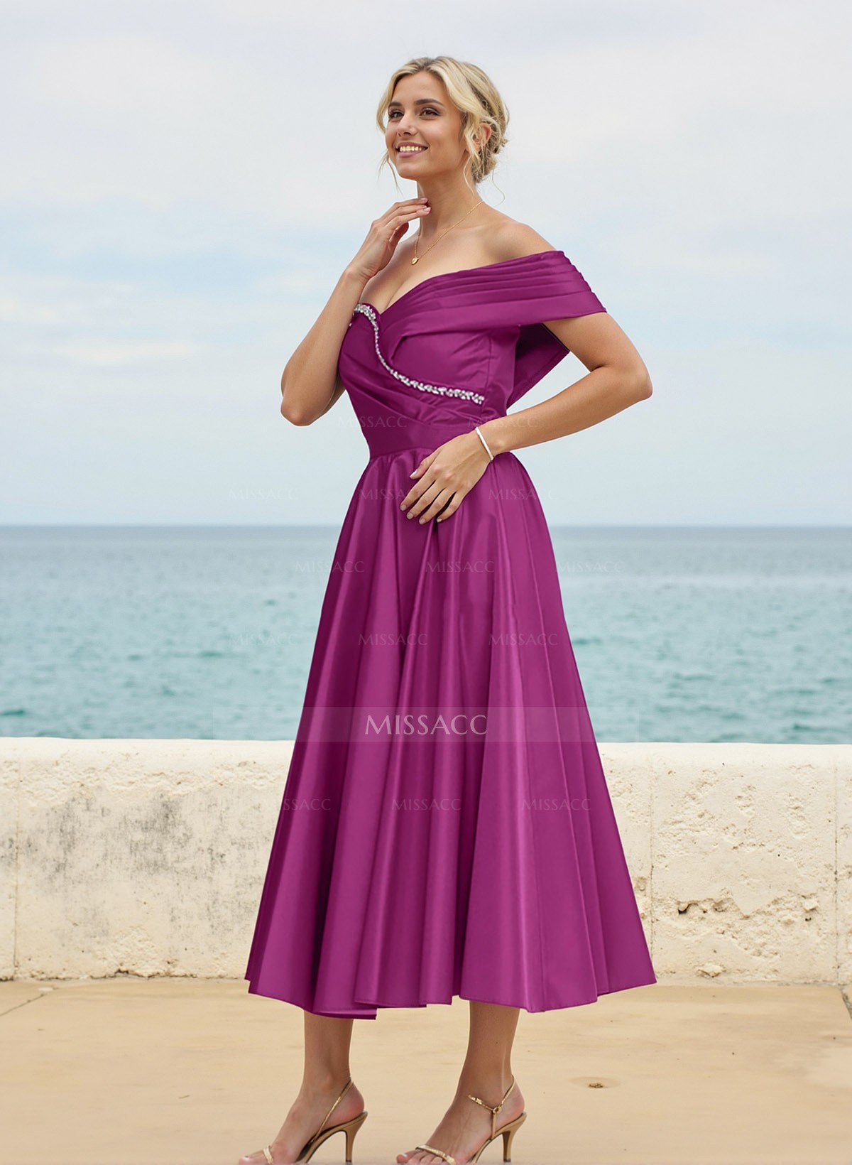 A-Line Off-The-Shoulder Sleeveless Satin Bridesmaid Dresses With Rhinestone