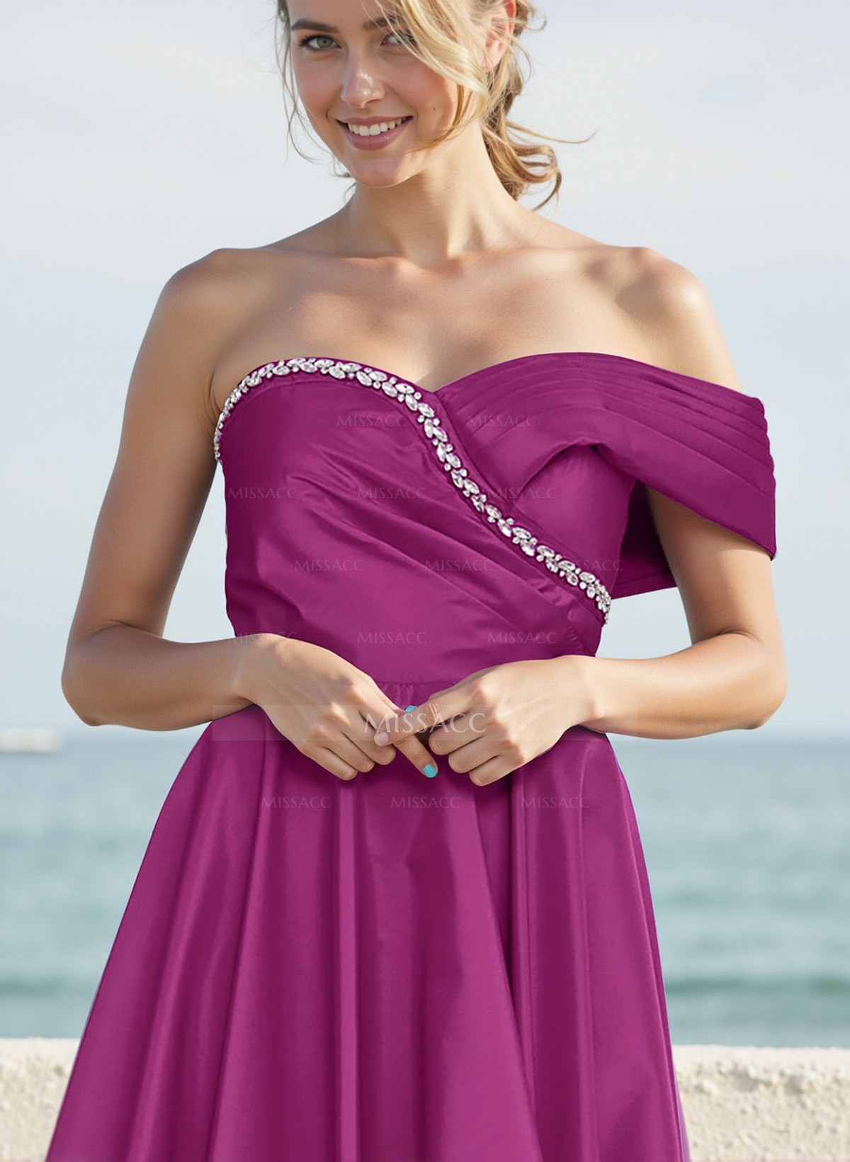 A-Line Off-The-Shoulder Sleeveless Satin Bridesmaid Dresses With Rhinestone