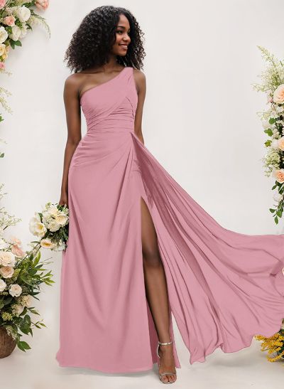 A-Line One-Shoulder Sleeveless Chiffon Bridesmaid Dresses With High Split