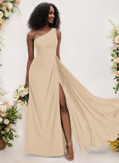 A-Line One-Shoulder Sleeveless Chiffon Bridesmaid Dresses With High Split