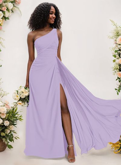 A-Line One-Shoulder Sleeveless Chiffon Bridesmaid Dresses With High Split