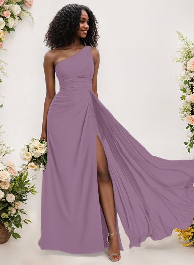 A-Line One-Shoulder Sleeveless Chiffon Bridesmaid Dresses With High Split