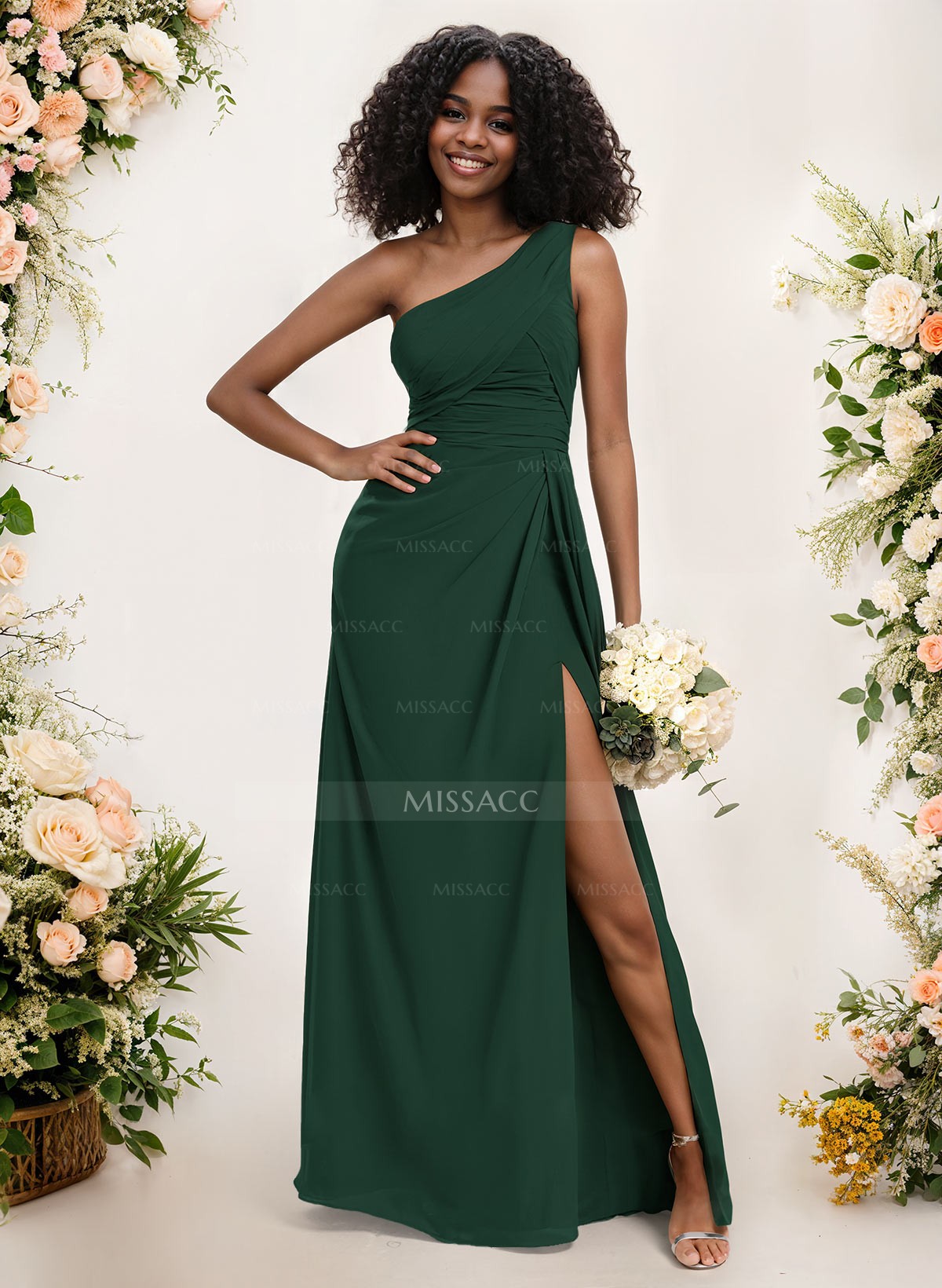 A-Line One-Shoulder Sleeveless Chiffon Bridesmaid Dresses With High Split