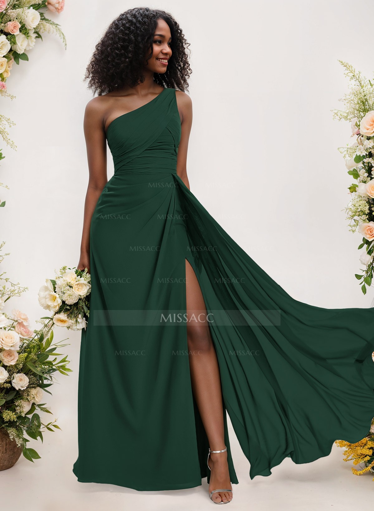 A-Line One-Shoulder Sleeveless Chiffon Bridesmaid Dresses With High Split