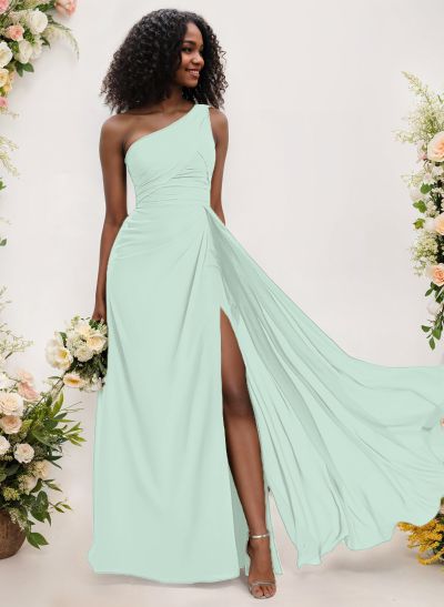 A-Line One-Shoulder Sleeveless Chiffon Bridesmaid Dresses With High Split