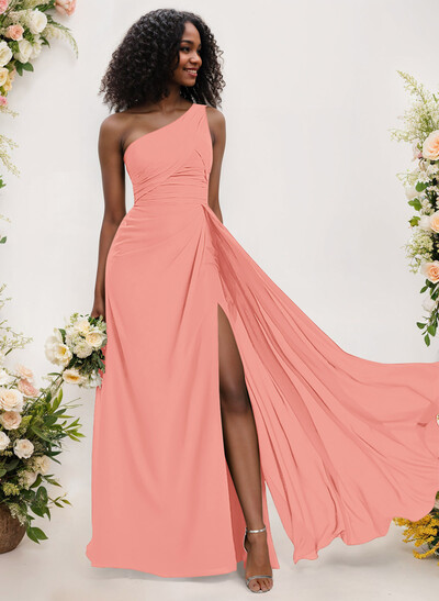 A-Line One-Shoulder Sleeveless Chiffon Bridesmaid Dresses With High Split