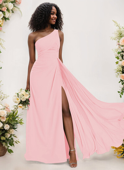A-Line One-Shoulder Sleeveless Chiffon Bridesmaid Dresses With High Split