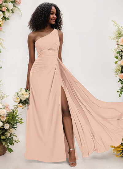 A-Line One-Shoulder Sleeveless Chiffon Bridesmaid Dresses With High Split