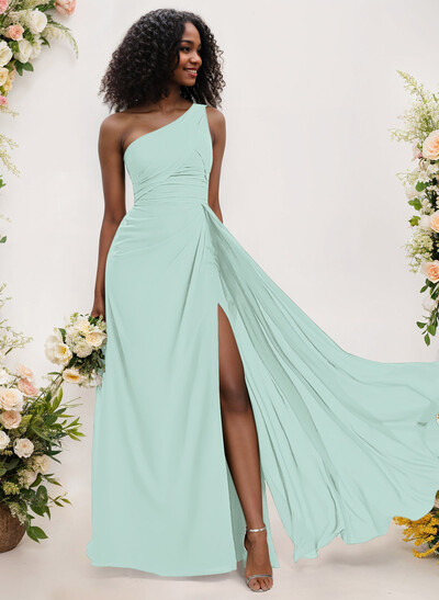 A-Line One-Shoulder Sleeveless Chiffon Bridesmaid Dresses With High Split