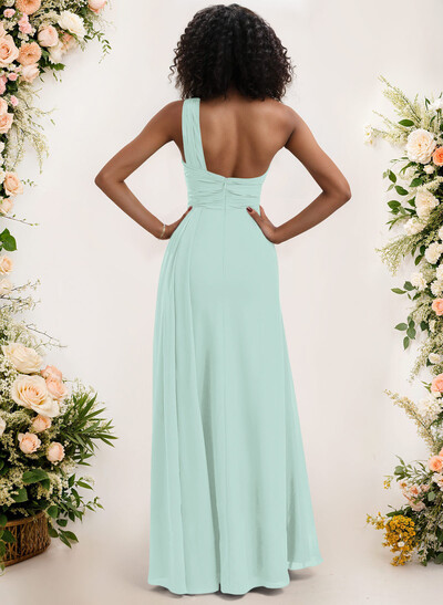 A-Line One-Shoulder Sleeveless Chiffon Bridesmaid Dresses With High Split