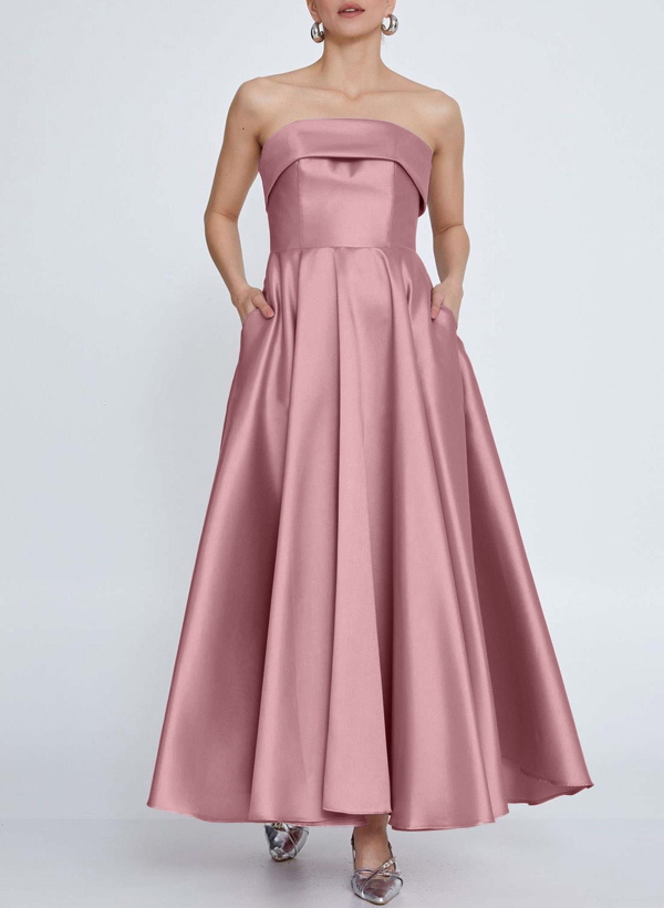 A-Line Strapless Sleeveless Ankle-Length Satin Bridesmaid Dresses With Pockets