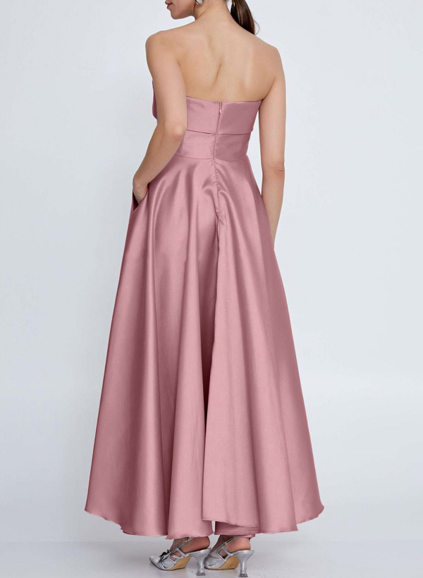 A-Line Strapless Sleeveless Ankle-Length Satin Bridesmaid Dresses With Pockets