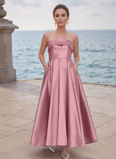 A-Line Strapless Sleeveless Ankle-Length Satin Bridesmaid Dresses With Pockets