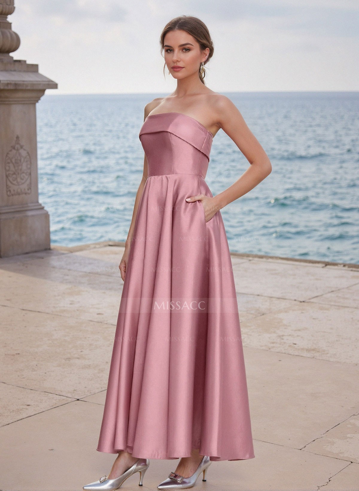 A-Line Strapless Sleeveless Ankle-Length Satin Bridesmaid Dresses With Pockets