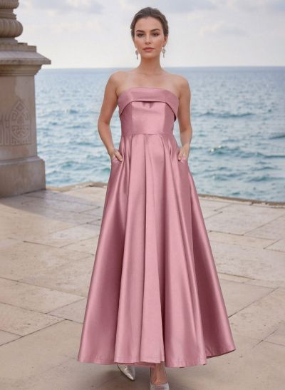 A-Line Strapless Sleeveless Ankle-Length Satin Bridesmaid Dresses With Pockets