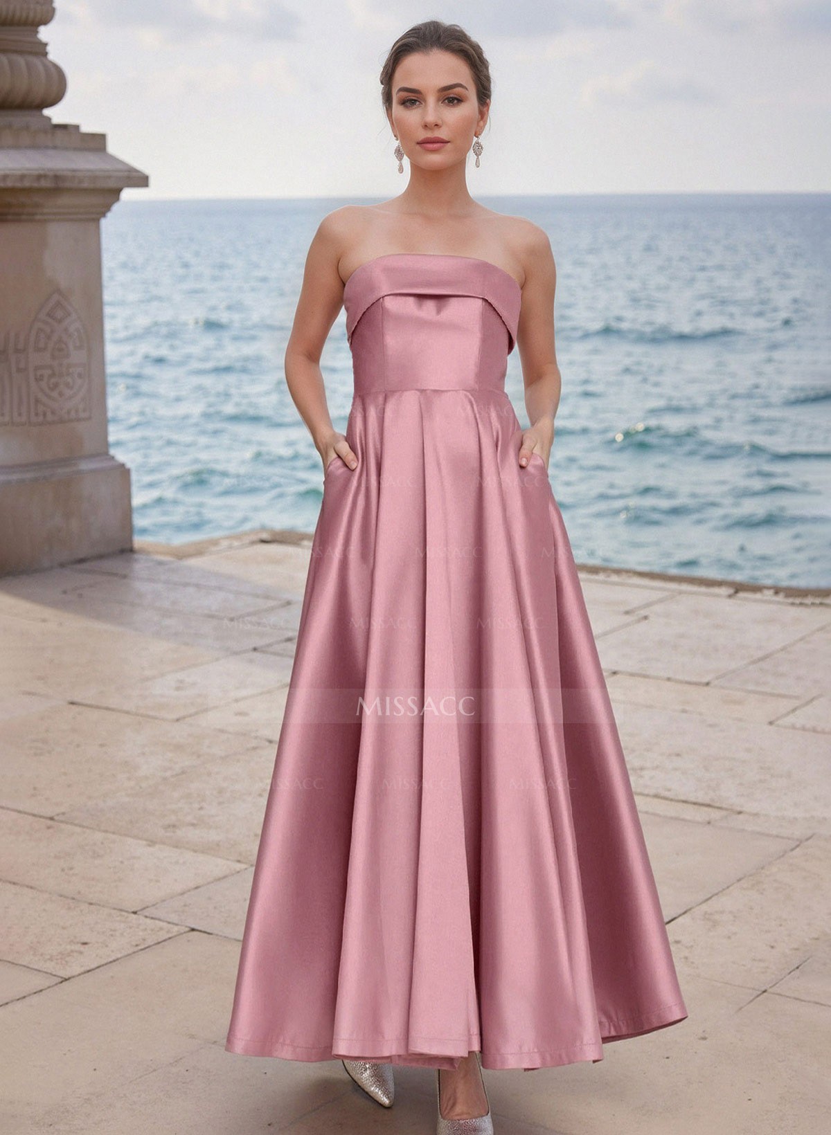 A-Line Strapless Sleeveless Ankle-Length Satin Bridesmaid Dresses With Pockets