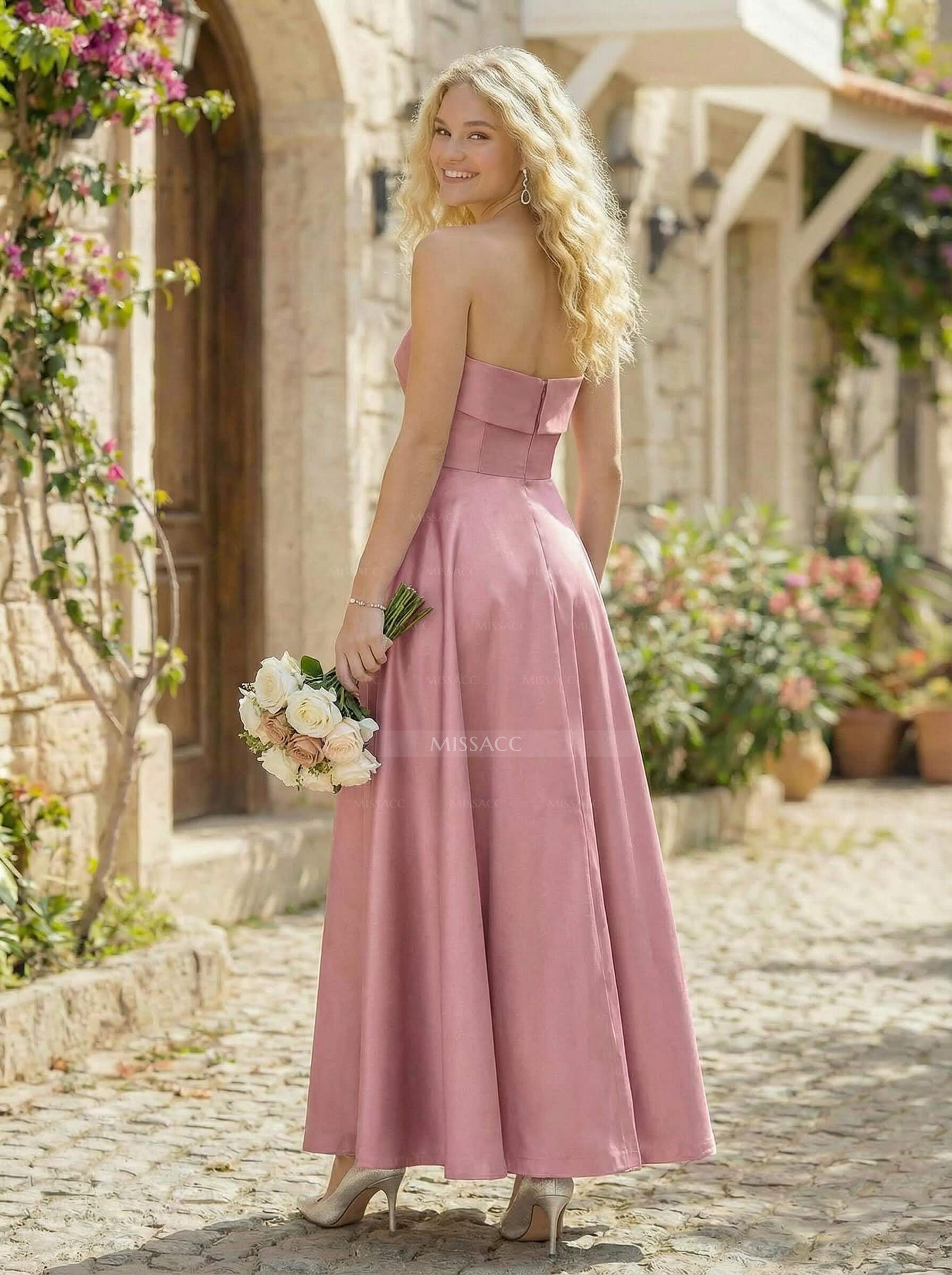 A-Line Strapless Sleeveless Ankle-Length Satin Bridesmaid Dresses With Pockets
