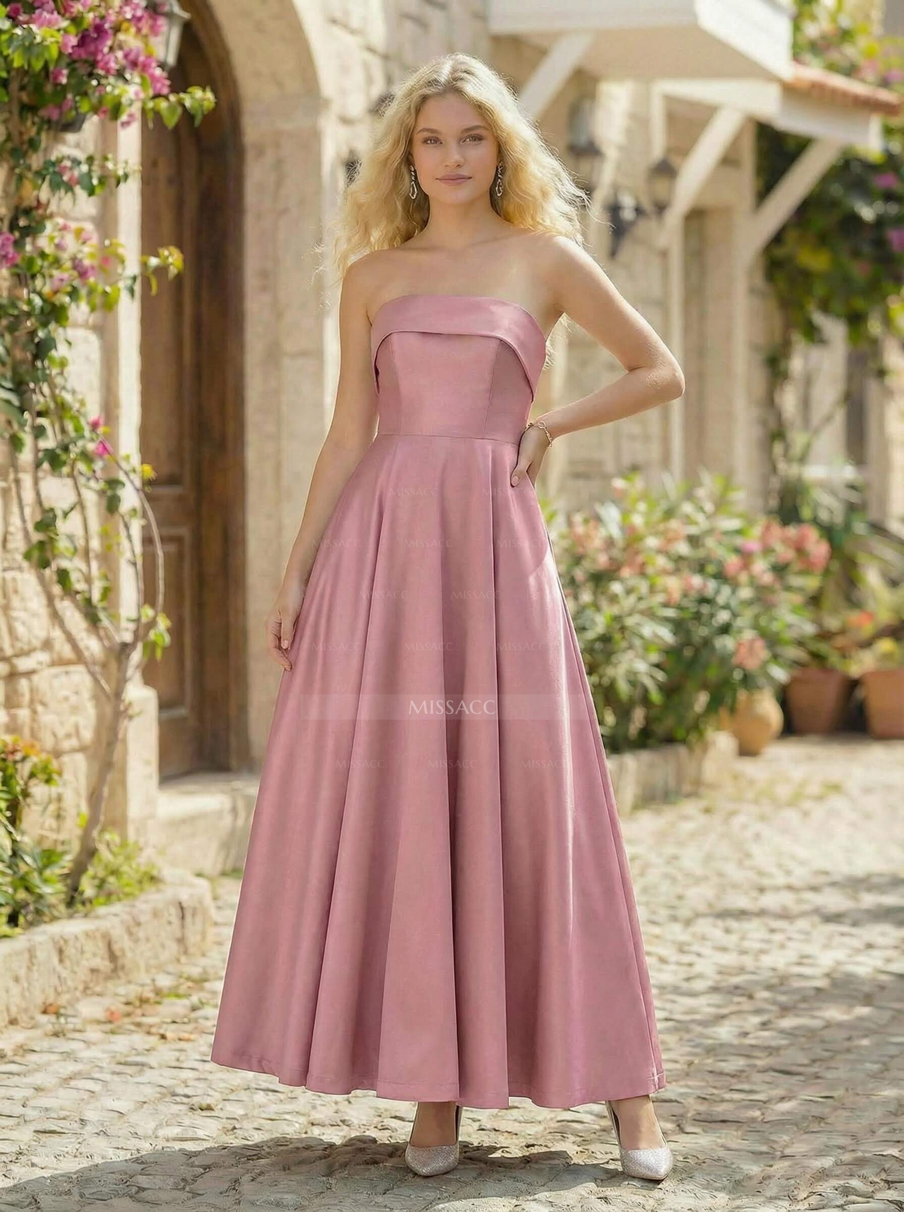A-Line Strapless Sleeveless Ankle-Length Satin Bridesmaid Dresses With Pockets