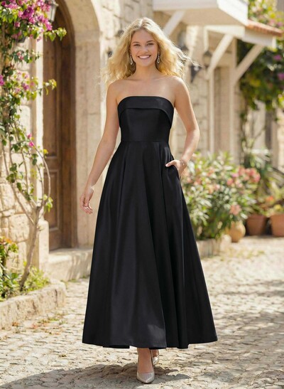 A-Line Strapless Sleeveless Ankle-Length Satin Bridesmaid Dresses With Pockets